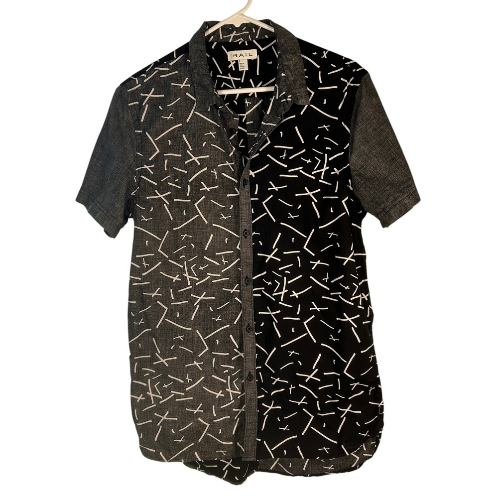 The Rail Mens Large Short Sleeve Button Down Shirt Black Charcoal Abstract Print